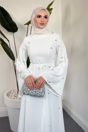 Adeline Yanları Taşlı İspanyol Kol Abiye Beyaz
