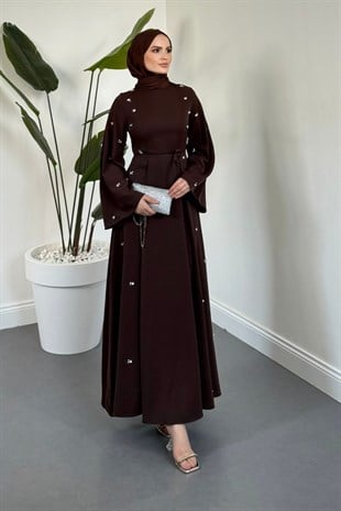 Adeline Yanları Taşlı İspanyol Kol Abiye Kahverengi