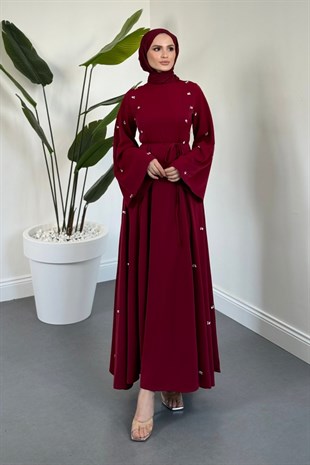Adeline Yanları Taşlı İspanyol Kol Abiye Bordo