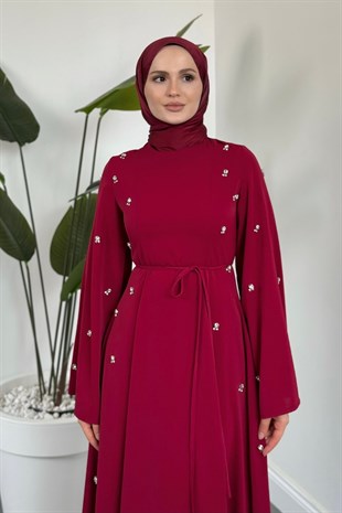 Adeline Yanları Taşlı İspanyol Kol Abiye Fuşya