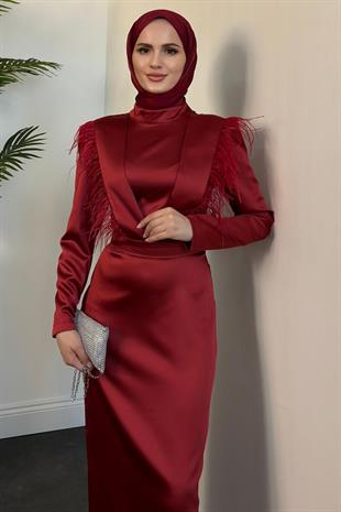Adorle Kalem Saten Abiye Bordo