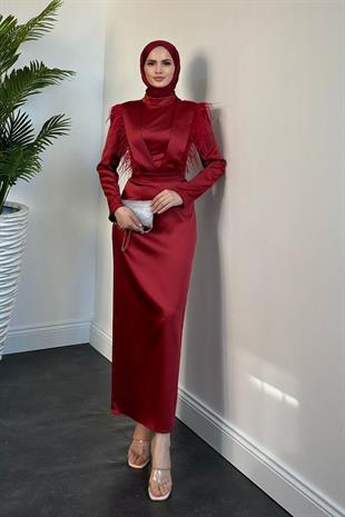 Adorle Kalem Saten Abiye Bordo