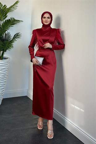Adorle Kalem Saten Abiye Bordo