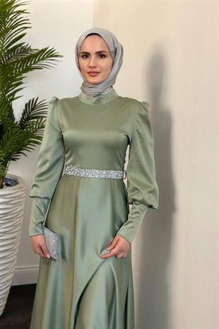 Afra Beli Taşlı Balon Kol Abiye Mint