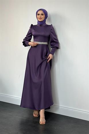 Afra Beli Taşlı Balon Kol Abiye Mor