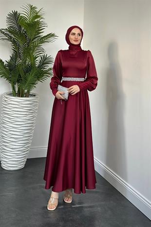 Afra Beli Taşlı Balon Kol Abiye Vişne Çürüğü