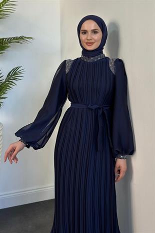 Afrodit Boyun Ve Omuzları Taşlı Janjan Abiye Lacivert
