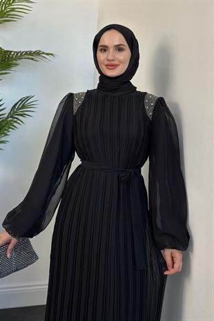 Afrodit Boyun Ve Omuzları Taşlı Janjan Abiye Siyah
