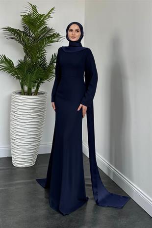 Agnes Arkası İnci Kolyeli Abiye Lacivert