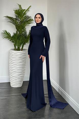 Agnes Arkası İnci Kolyeli Abiye Lacivert