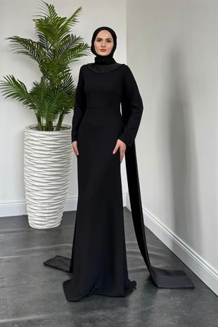 Agnes Arkası İnci Kolyeli Abiye Siyah