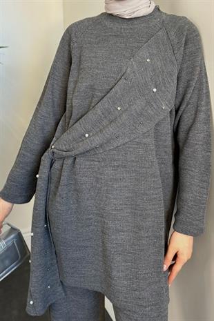 Aiden Taşlı Triko Takım Füme