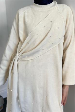 Aiden Taşlı Triko Takım Krem