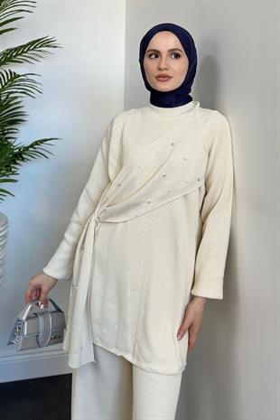 Aiden Taşlı Triko Takım Krem