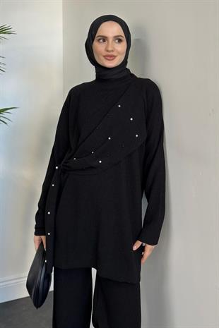 Aiden Taşlı Triko Takım Siyah