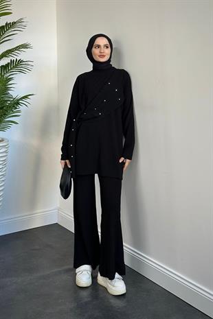 Aiden Taşlı Triko Takım Siyah