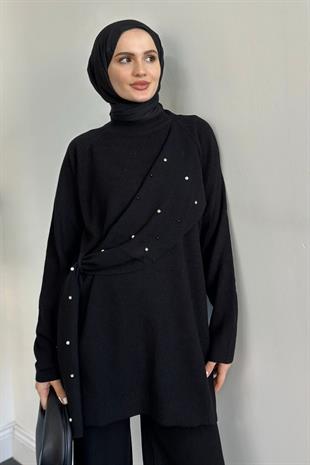 Aiden Taşlı Triko Takım Siyah