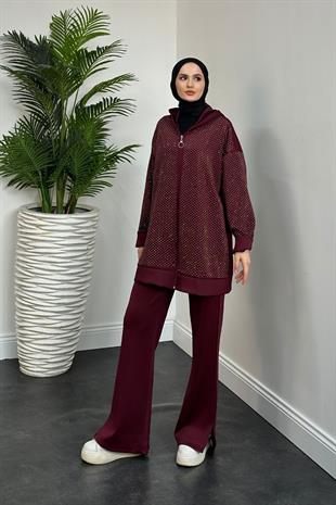 Alanna Taşlı Fermuarlı Takım Mürdüm