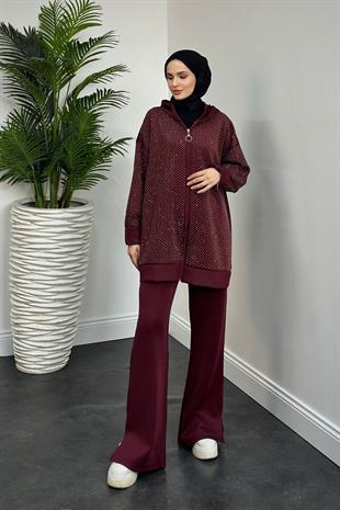 Alanna Taşlı Fermuarlı Takım Mürdüm