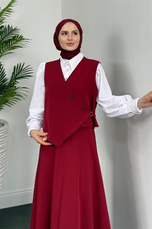 Albrey Düğmeli Cepken Etek Takım  Bordo