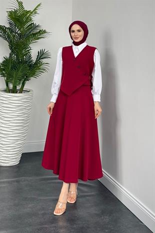 Albrey Düğmeli Cepken Etek Takım  Bordo