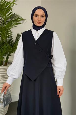 Albrey Düğmeli Cepken Etek Takım Lacivert