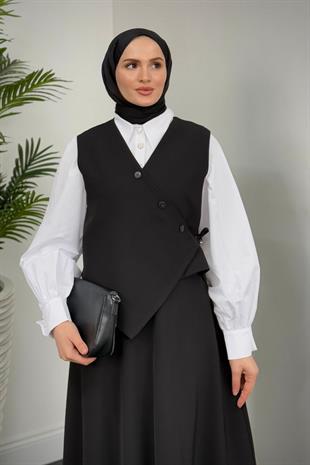 Albrey Düğmeli Cepken Etek Takım Siyah