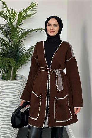 Alda Kuşaklı Yün Hırka Kahverengi