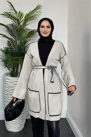 Alda Kuşaklı Yün Hırka Krem