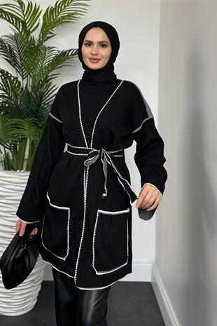 Alda Kuşaklı Yün Hırka Siyah