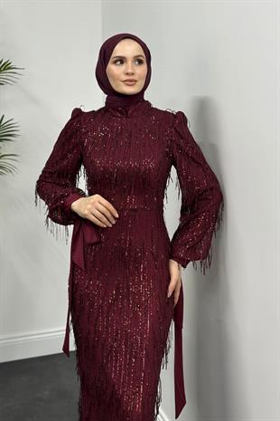 Alena Püsküllü Pullu Kalem Abiye Bordo
