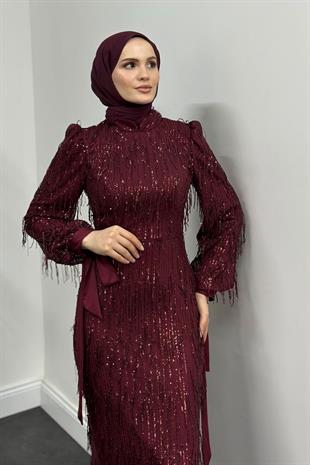 Alena Püsküllü Pullu Kalem Abiye Bordo