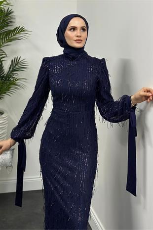 Alena Püsküllü Pullu Kalem Abiye Lacivert