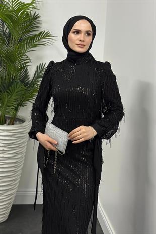 Alena Püsküllü Pullu Kalem Abiye Siyah