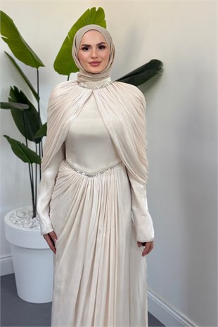 Alera Taşlı Pelerinli Jan Jan Abiye Krem 