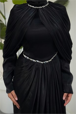 Alera Taşlı Pelerinli Jan Jan Abiye Siyah 