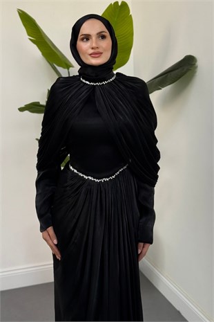 Alera Taşlı Pelerinli Jan Jan Abiye Siyah 