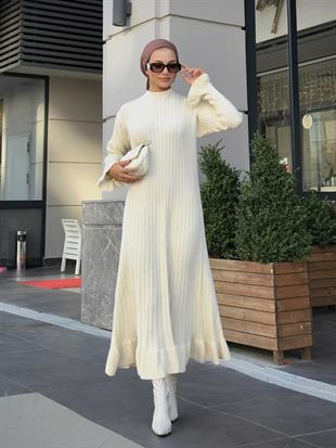 Alice Kolu Düğmeli Triko Elbise Krem