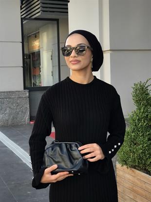 Alice Kolu Düğmeli Triko Elbise Siyah