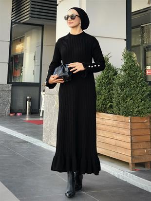 Alice Kolu Düğmeli Triko Elbise Siyah
