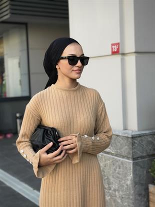 Alice Kolu Düğmeli Triko Elbise SütlüKahve