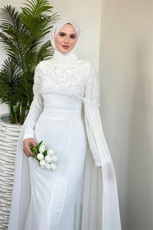 Alida Üstü Boncuk Pelerinli  Abiye Beyaz
