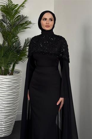 Alida Üstü Boncuk Pelerinli  Abiye Siyah