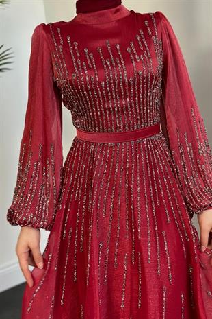 Alina Taş İşlemeli Organze Abiye Bordo