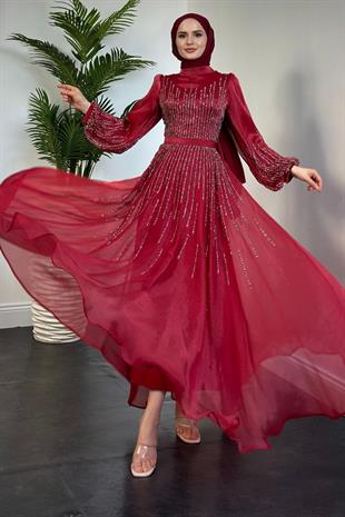 Alina Taş İşlemeli Organze Abiye Bordo