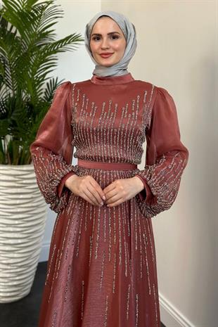 Alina Taş İşlemeli Organze Abiye Kiremit