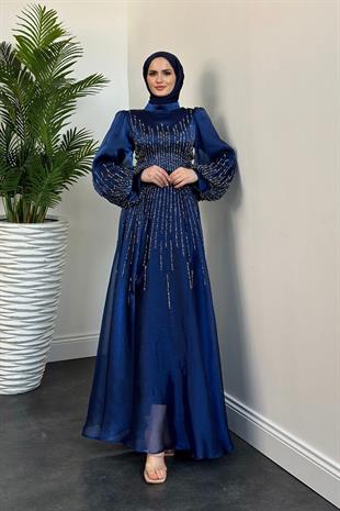 Alina Taş İşlemeli Organze Abiye Lacivert