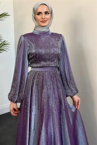 Alina Taş İşlemeli Organze Abiye Lila