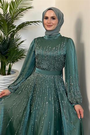 Alina Taş İşlemeli Organze Abiye Mint
