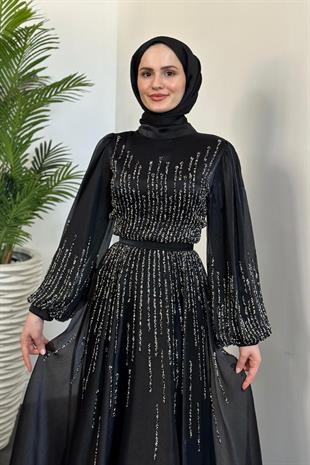 Alina Taş İşlemeli Organze Abiye Siyah